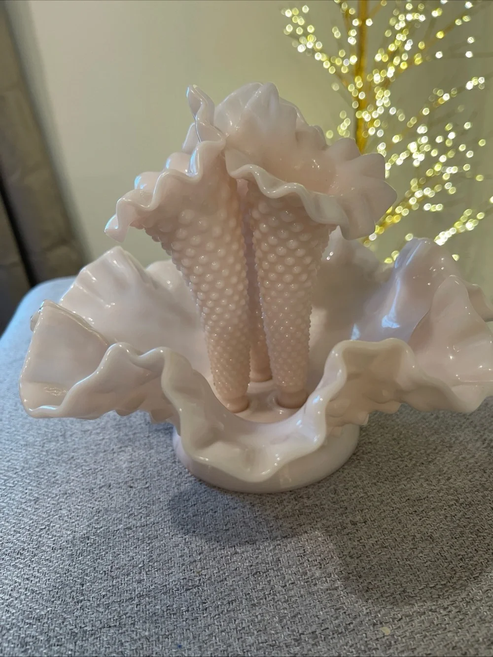 Fenton Hobnail Triple Epergne Vase in Pink Milk Glass - Picture 4 of 10